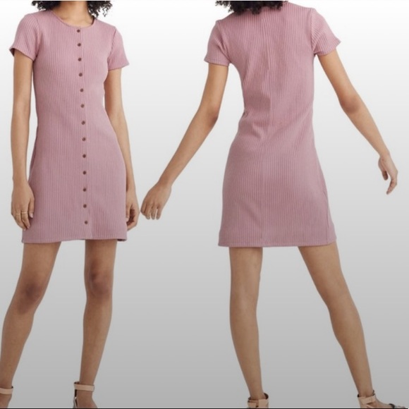 NWOT Madewell pink ribbed button front short sleeve scoop neck mini dress Medium - Picture 2 of 9